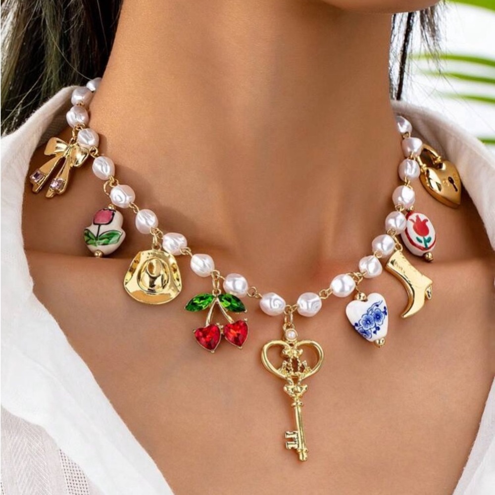 Gold and Multicolor Charm Pearl Necklace